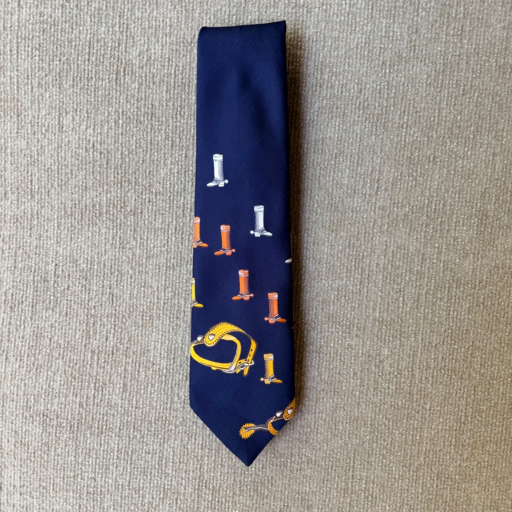 Oleg Cassini Mens Silk Tie Navy Blue Equestrian Riding Boots Spurs Western